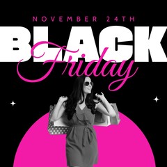 Composite of black friday text and caucasian woman with shopping bags on black background