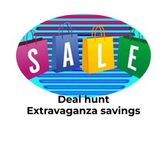 Deal hunt, extravaganza savings text on white with colourful sale shopping bags