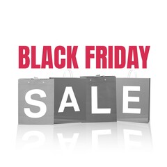 Black friday sale text on white background and shopping bags