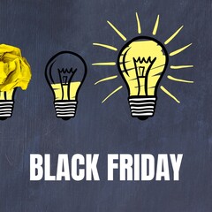 Black friday text and lightbulbs on grey background