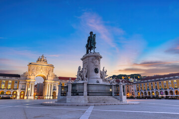 Fototapeta na wymiar Lisbon Portugal, sunrise panorama city skyline at Arco da Rua Augusta and Commerce Square