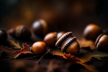 Extreme close-up of abstract blurred autumn acorns, rustic browns and deep forest hues abstract background, isolated background for business