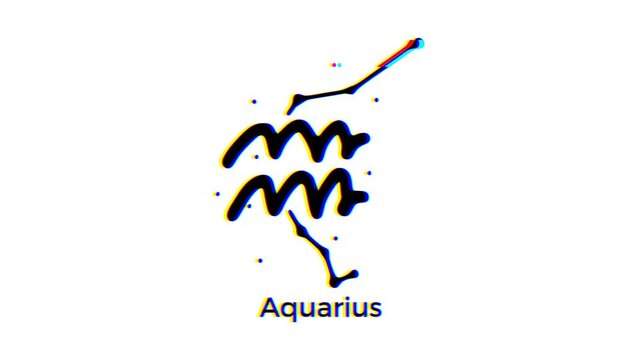 Aquarius zodiac sign with glitch effect on white background. Astrological constellation motion graphics