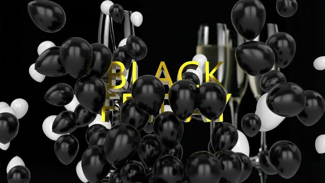 Animation of balloons and black friday text over champagne getting poured in flute glass