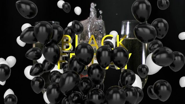 Animation of balloons and black friday text over strawberry falling in champagne filled flute glass