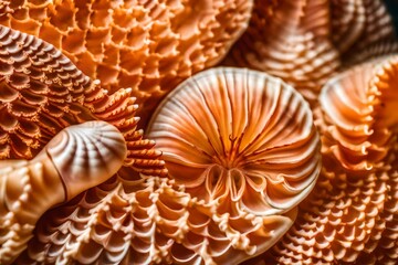 Extreme close-up of intricate seashells, warm golden tones, and soft coral shades abstract background, isolated background for business