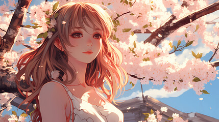 Pretty Anime & Manga Girls in Japanese Suburban Area - Blossom Trees, Sakura, Woman, Women, Girl, Female, Pretty, Beautiful, Drawing, Digital Art, Illustration, City, Suburbs, Nature, Pastel, Cherry