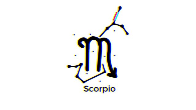 Scorpio zodiac sign with glitch effect on white background. Astrological constellation motion graphics