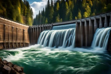 Hydroelectric dam generating green energy from flowing water, with a cascading waterfall