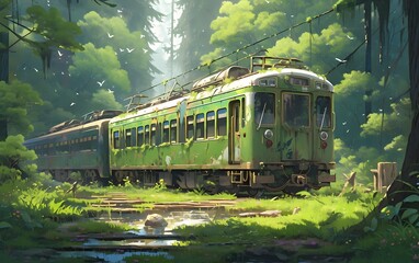 abandoned train car overtaken by vibrant green moss - obrazy, fototapety, plakaty