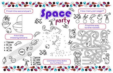 Festive placemat for children. Printable activity sheet "Space party" with a labyrinth, connect the dots, and fill in the missing letters. 17x11 inch printable vector file