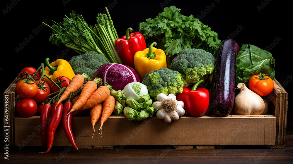 Wall mural Fresh fruits and vegetables in wooden boxes placed on table on black background.