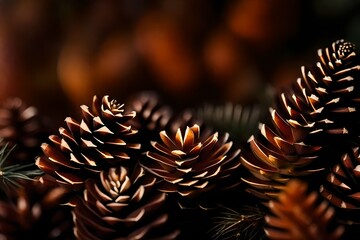 Naklejka na ściany i meble Extreme close-up of abstract blurred autumn pinecones, earthy brown and forest tones abstract background, isolated background for business