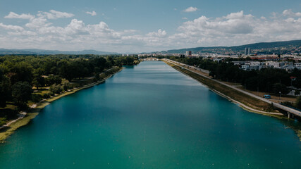Above the Waters: Aerial View of Lake Jarun with Clouds in the Background. Zagreb, Croatia  - 647979815