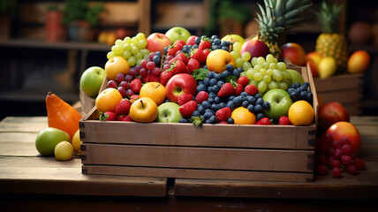 Fresh fruit in a wooden box placed on the table in the garden in the morning.