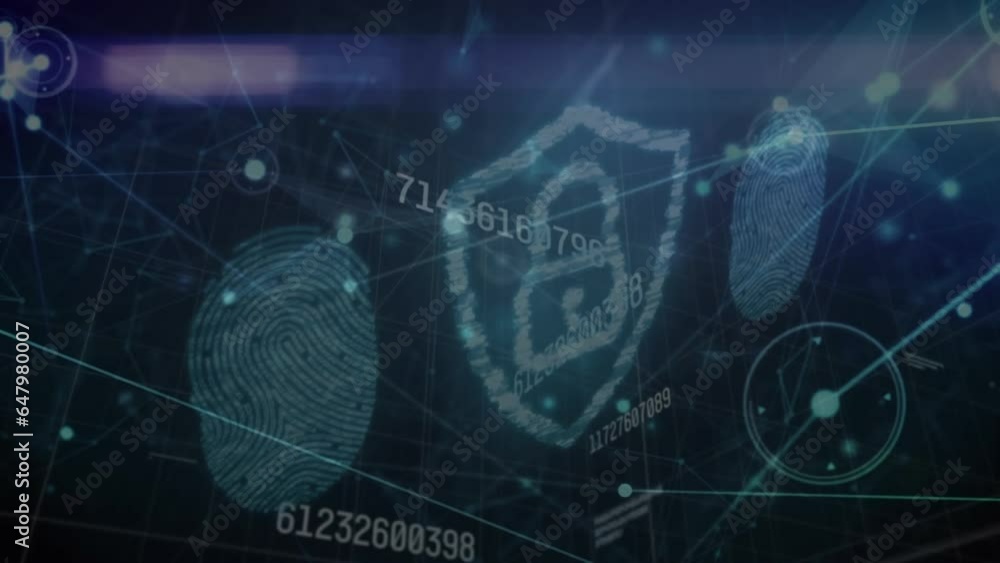 Aufkleber animation of padlock in shield with fingerprints, connected dots and numbers