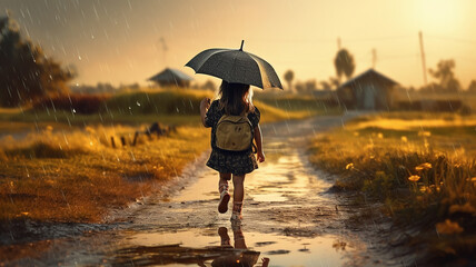 Cute girl holding umbrella walking on rural road on rainy day. - obrazy, fototapety, plakaty