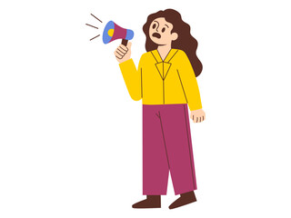 illustration of a colored female character, design element to stop violence against women, illustration of a woman's pose giving a speech with a speaker