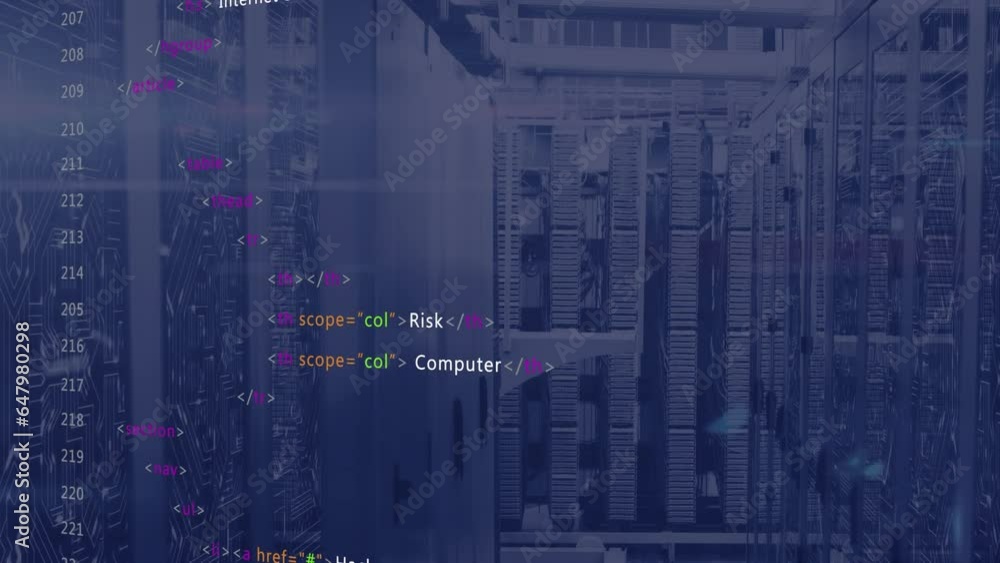 Aufkleber animation of computer language and circuit board pattern over data server system in server room