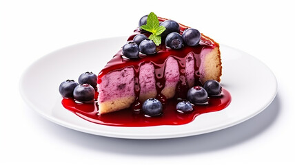 A piece of Blueberry cake with melted melted Blueberry Jam on a white plate on white background.