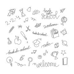 Back to school icons set, continuous line drawing, hand lettering small tattoo, print for clothes, t-shirt, emblem, logo design cover, one single line on white background, isolated vector illustration
