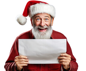 Cheerful elderly man in Santa Claus costume, holding white paper, laughing.