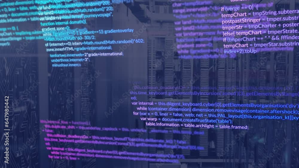 Poster animation of computer language and circuit board pattern over data server systems