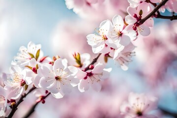 Extreme close-up of abstract blurred cherry blossoms, delicate pink and white petals abstract background, isolated background for business