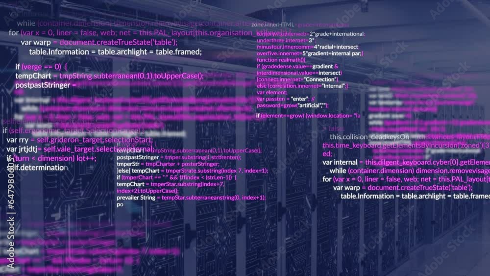 Poster animation of computer language and circuit board pattern over data server racks in server room