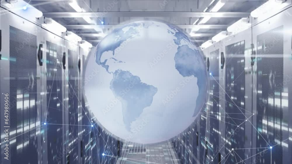 Poster Animation of rotating globe and connected dots over bars on data server racks in server room