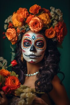 Portrait of a young woman with ceremonial make-up also known as Sugar skull, used in traditional Mexican Dia de los Muertos celebration