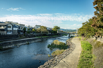 Fototapeta premium Old public town Takayama and Miyagawa River on Japan autumn in the morning.