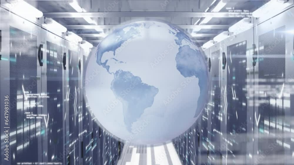 Poster animation of globe, computer language and connected dots over data server room