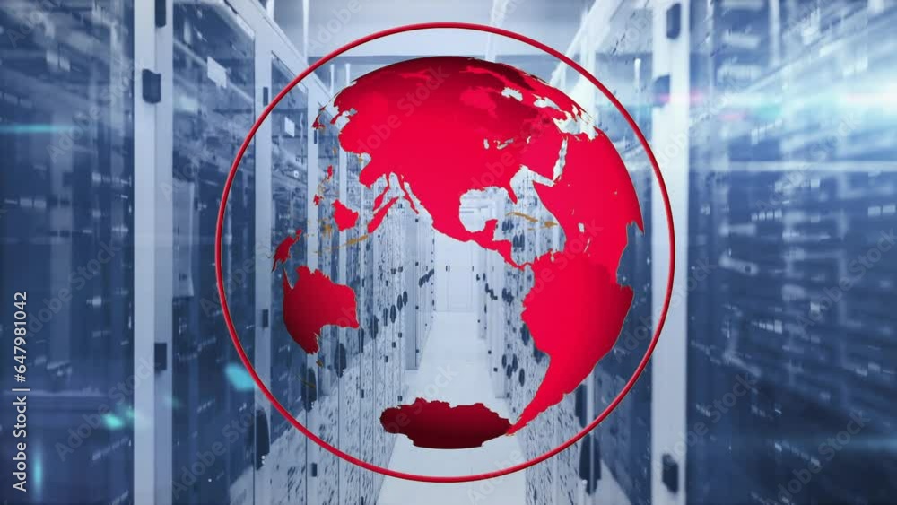 Poster Animation of rotating globe in circle over bars on data server racks in server room