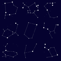 Collection of fairy constellations against night sky. Accumulation and association of stars into astrological signs and symbols. Astrology background. Simple vector isolated on dark backdrop