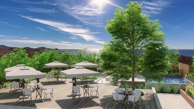 Outdoor Terrace-Restaurant Area with  a Swimming Pool and Gorgeous Sea View - loopable 3D visualization