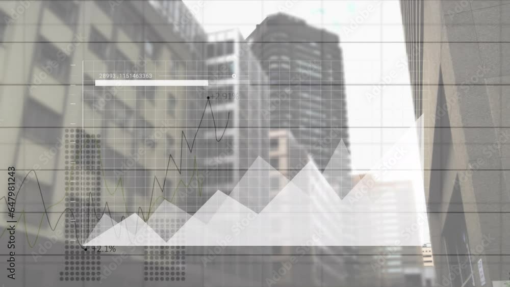 Aufkleber animation of graphs with changing number over modern buildings against time lapse of cloudy sky