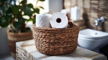 Photograph of Basket with paper rolls on ceramic toilet bowl in modern bathroom.