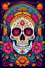 colorful skull on vivid background, day of the dead, dia de muertos. Hispanic heritage sugar skull marigold Festive dia de los muertos background.