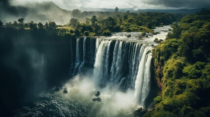 Obraz premium Stunning aerial photos of majestic waterfalls cascading down sheer cliffs. Surrounded by lush greenery