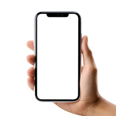 Woman hand holding the smartphone with blank screen mockup, Cutout.