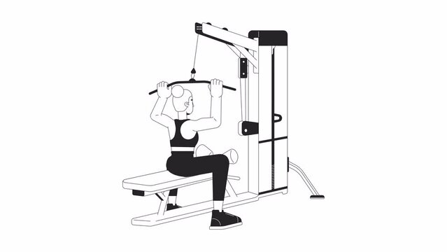 Woman pulling bar down on lat pulldown machine bw outline cartoon animation. Increasing muscles 4K video motion graphic. Gym girl 2D monochrome linear animated character isolated on white background