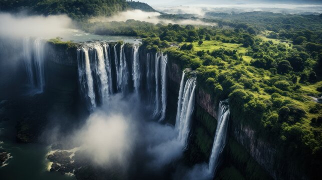 Stunning aerial photos of majestic waterfalls cascading down sheer cliffs. Surrounded by lush greenery