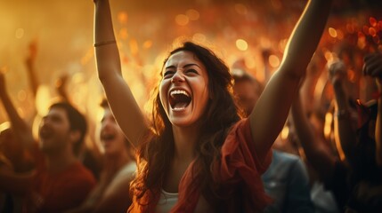 A photograph of a cheering crowd in a football stadium. - obrazy, fototapety, plakaty