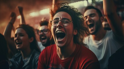 A photograph of a cheering crowd in a football stadium.