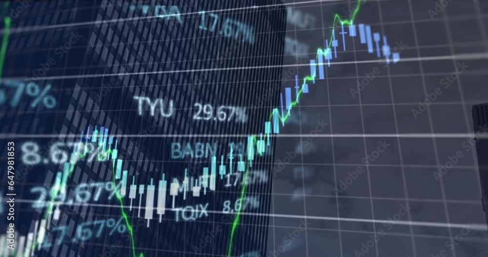 Aufkleber animation of multiple graphs and trading board over modern building against cloudy sky