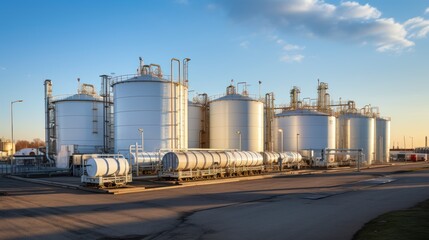 Obraz premium Large storage tanks and silos are used to store raw materials in industrial plants.