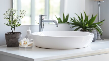 Fototapeta premium Modern counter in bathroom Light-colored bathroom interior with bathroom accessories, sink.