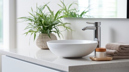 Fototapeta premium Modern counter in bathroom Light-colored bathroom interior with bathroom accessories, sink.