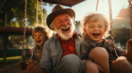 Old man laughing with his grandchildren On the swing in the daylight of the park's